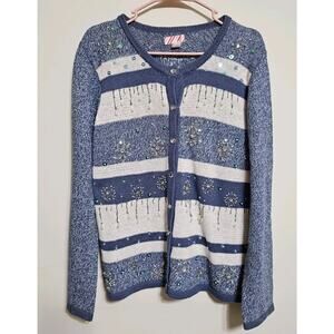 Blue & White Snowflake Christmas Beaded Cardigan Size L (12/14)